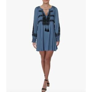 Free People - Wind Willow Embroidered V-Neck Mini Dress Blue - LG